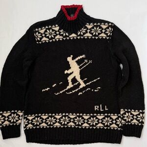 90s VTG RLL Ralph Lauren Downhill Ski Hand Knit Black Sweater